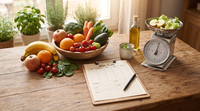 Clipboard with diet plan on table with fresh fruits