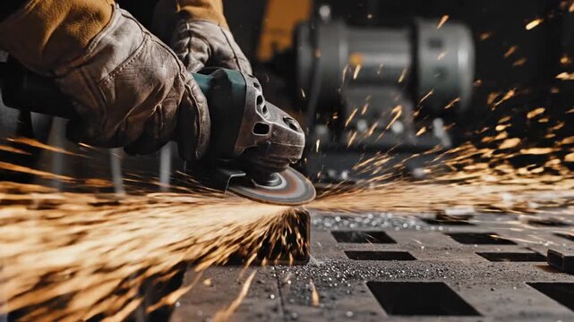 Industrial worker using angle grinder on metal in workshop