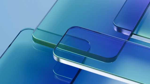 Modern 3D abstract glassmorphism plates in blue and green tones. Ideal for tech slides, corporate presentation backgrounds, UI UX design templates, web headers, and wallpaper