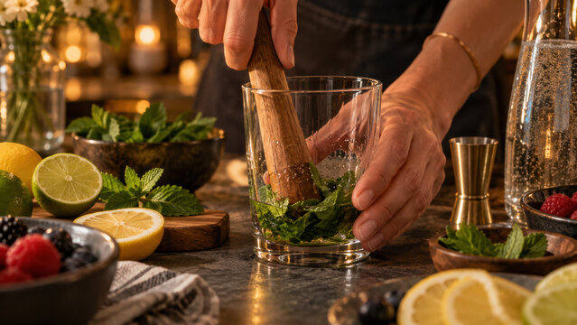 Close-up of hands muddling fresh mint leaves in the bottom of a glass. Mindful mixology craft concept