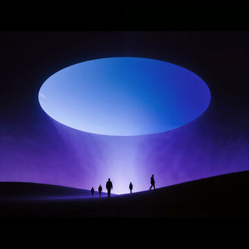 People Walking Under Blue Circular Lights in Dark Space