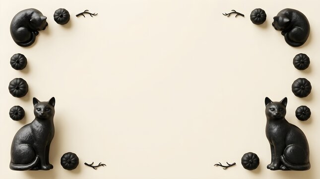 Halloween frame featuring black cats and small pumpkin decor on light surface