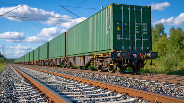 Close low perspective of large green shipping containers mounted on freight railcars as the train moves along parallel railway tracks, detailed steel wheels and gravel ballast in the foreground, exp