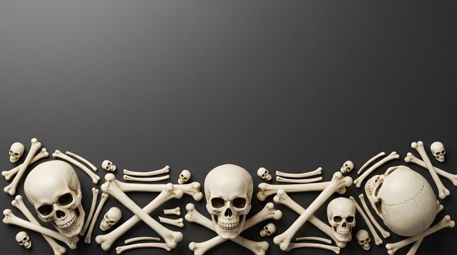 Human skulls and bones arranged in a border along the bottom on dark background