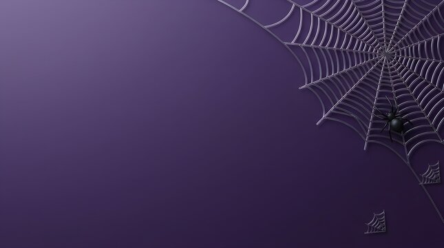 Shimmering spider webs with a toy spider on a deep purple surface