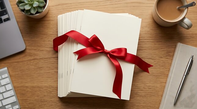 White paper gift with red ribbon bow on a wooden office desk