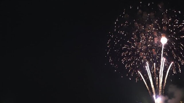 Stunning colorful pyrotechnic explosion in the dark night sky during a festive celebration or national holiday event