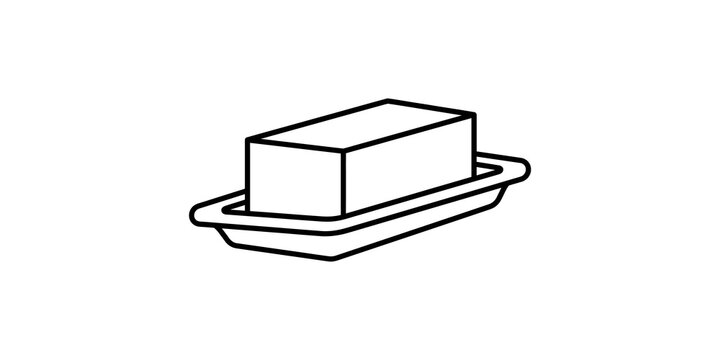 Butter block on serving dish outline icon for cooking and dairy product illustration.