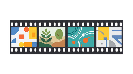 Fototapeta premium Film strip with four distinct abstract and nature inspired frames showcasing geometric shapes and organic forms in vibrant colors PNG Isolated on transparent background