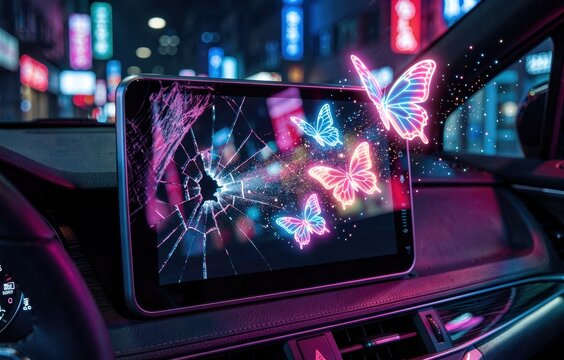 Neon butterflies flying out of a broken car screen