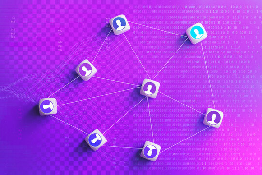 User avatar icons connected in network nodes over purple binary data background. Social network connections, digital user community, database user accounts and human resource analytics concept.