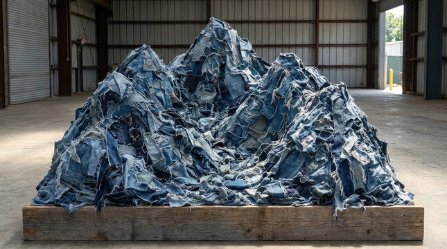 Large pile of denim fabric resembling mountain, showcasing texture and color variations