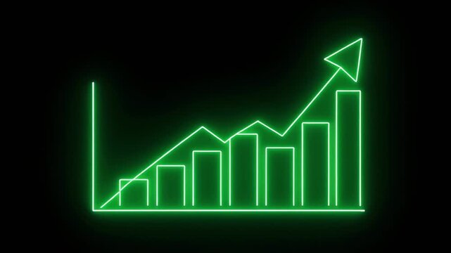 Green Bar Graph Growing With Arrow During Night Time Neon Abstract Concept