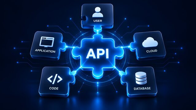 API puzzle concept with digital pieces connecting user application cloud code and database