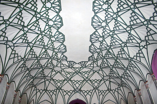 View of the intricate geometric patterns on the ceiling of a chamber in Lahore Fort, Lahore, Punjab, Pakistan.