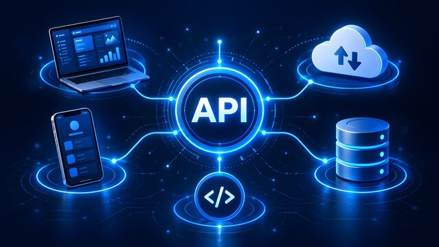 Glowing API node connecting digital devices cloud storage and database in futuristic network