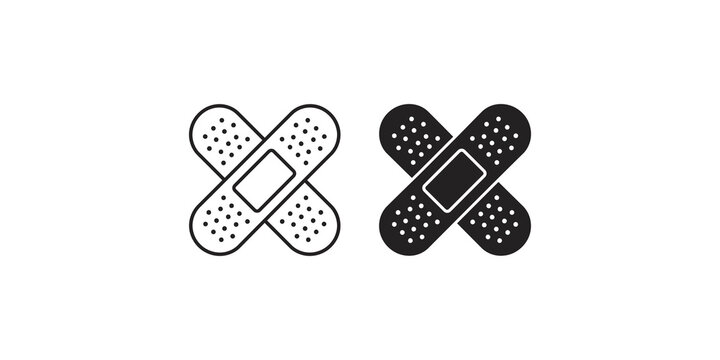 Adhesive bandage medical icons in line and solid black styles for first aid and healthcare applications.