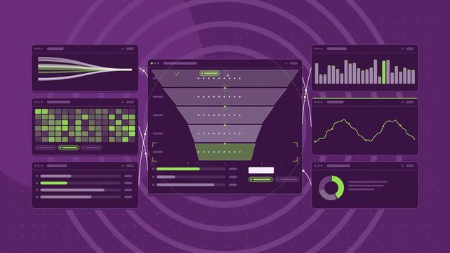 Animated omnichannel orders channels merging in violet and blue on a deep dark background. Seamless looping 4K dashboard motion graphics with free space for text, ideal for product videos, business pr