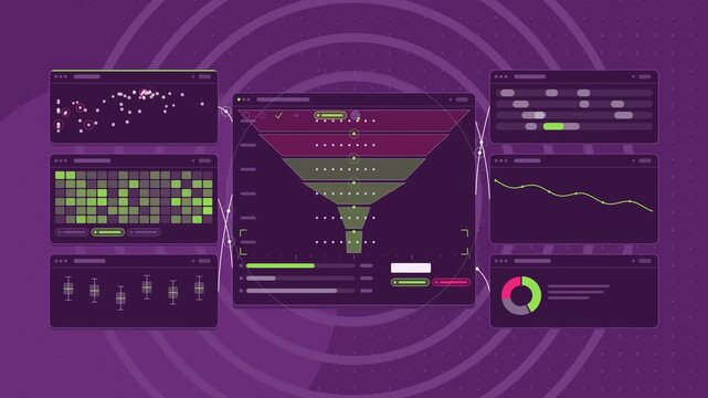 Animated outage restoration crews recovering in violet and blue on a deep dark background. Seamless looping 4K dashboard motion graphics with free space for text, ideal for product videos, business pr