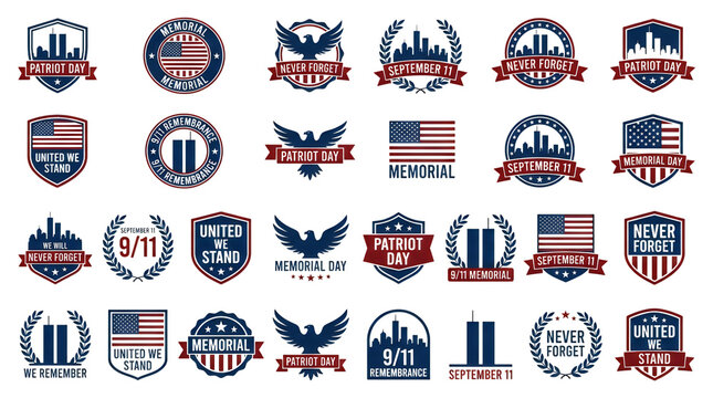 Set of patriotic american flag icons and badges with eagle and shield symbols for usa national holiday celebrations and memorial day design elements