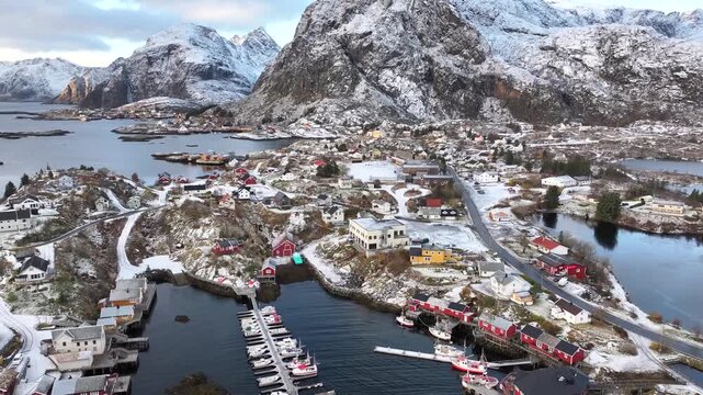 Snowy coastal villages near Tind and &Aring; in Lofoten, Norway.