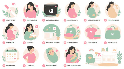 Obraz premium Pregnancy Journey Positive Test to Welcoming Baby Timeline Illustration