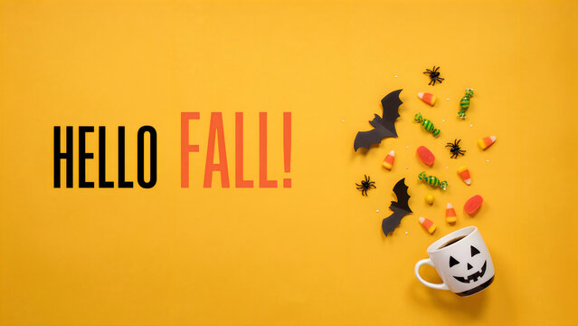 Halloween-themed flat lay arrangement featuring autumn leaves, bats, and jack-o'-lantern cupcake with bold typography