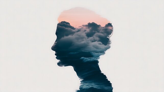 A double exposure silhouette of a woman's profile filled with a dramatic ocean and cloudy sky at sunset.