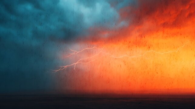 A dramatic lightning strike splits a stormy sky, contrasting dark blue clouds with fiery orange hues over a calm, dark horizon.