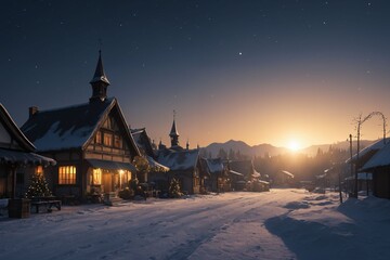 Obraz premium 低い太陽に照らされた雪の洋風の街並み