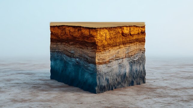 A surreal cube-shaped landmass with layered soil textures floats above a barren, foggy landscape under a pale sky.