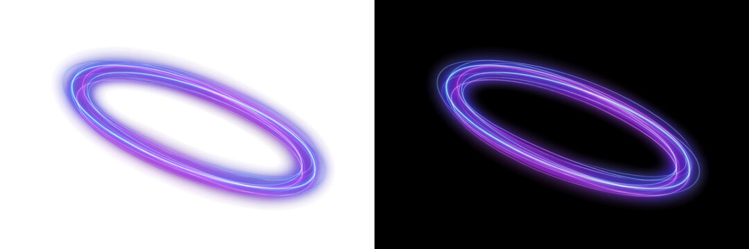 A luminous purple and blue oval ring effect is displayed on transparent background neon