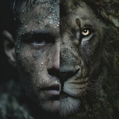 Fototapeta premium A striking split image of a man's face merging with a lion's face, symbolizing strength, courage, and primal instinct.