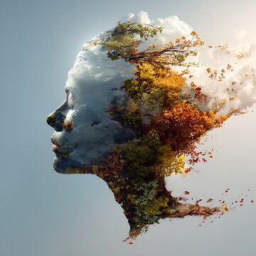 A surreal double exposure of a human profile blending with a tree, sky, and clouds, symbolizing the connection between nature and the mind.