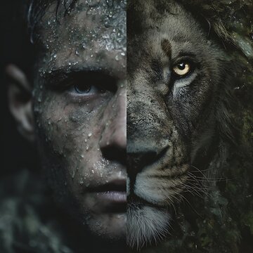 A striking split image of a man's face merging with a lion's face, symbolizing strength, courage, and primal instinct.