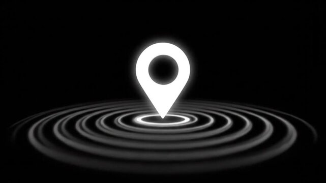 White GPS Location Pin and Tracking Signal Animation on Black Background. 