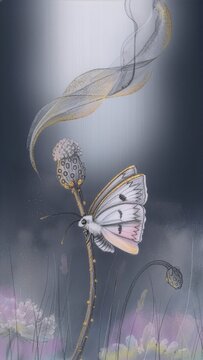 A Whisper Butterfly Resting on a Flower is an elegant mixed media artwork