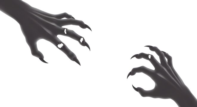 Dramatic shadow play of two clawed hands reaching towards each other against a bright white background