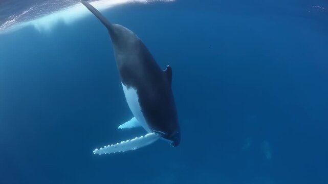 Humpback whale surfacing gracefully in clear blue ocean water during daylight with subtle light rays