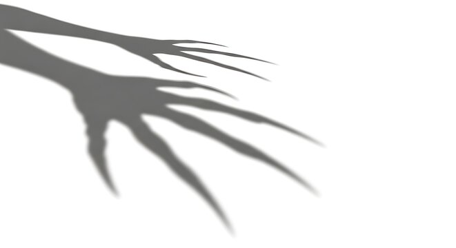 Dramatic shadow of a hand reaching out against a stark white background creating a mysterious and unsettling atmosphere