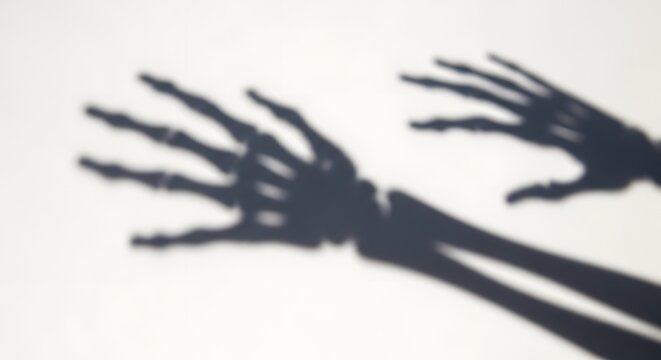 Dramatic shadow play of hands reaching out against a bright white background creating a mysterious and artistic effect