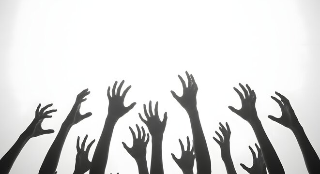 Many outstretched hands are shown in silhouette against a stark white backdrop representing a desperate need for assistance or a hopeful search for redemption
