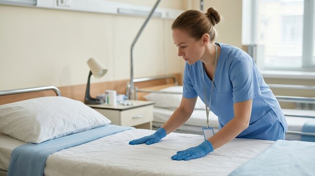 Medical professional in scrubs smoothing hospital bed linens in patient room with natural daylight