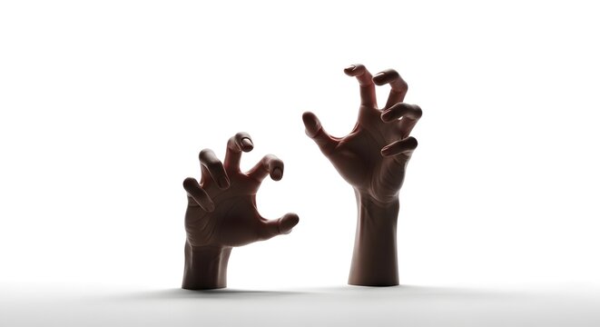 Creepy zombie hands reaching out from the ground on a stark white background horror themed imagery