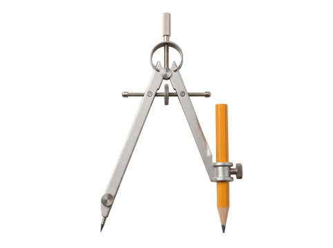 Metal compass with yellow pencil drawing a circle on a plain surface isolated on transparent background