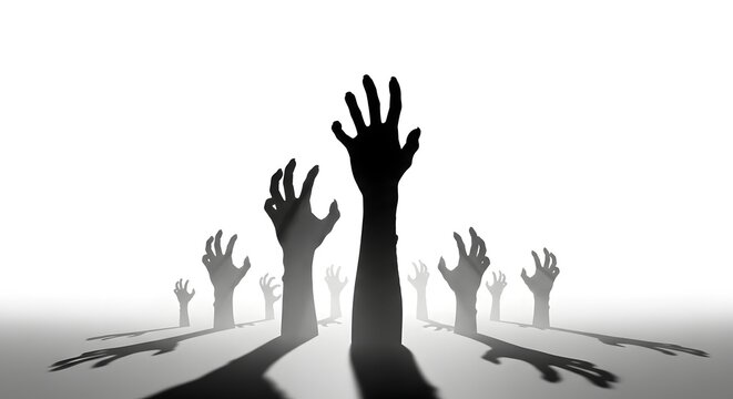 Numerous outstretched hands emerge from a foggy or smoky ground in a haunting monochrome scene evoking feelings of desperation and reaching