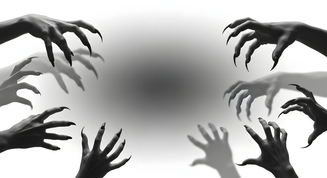 Multiple shadowy hands reaching out from darkness creating a dramatic and unsettling visual effect for horror or thriller themes