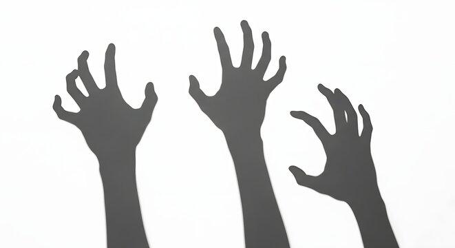 Three outstretched hands casting dramatic shadows on a bright white background creating a spooky and unsettling visual effect