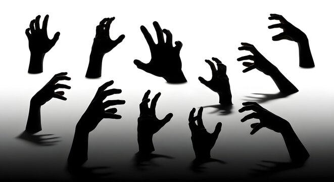 Collection of spooky shadow hands reaching out in a dark and dramatic halloween themed composition