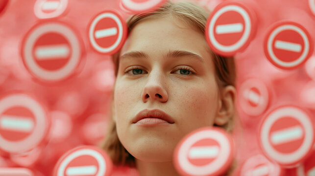 Teenage girl framed by blurred red no entry signs on a coral background. Denied access, online restriction and content blocked for minors